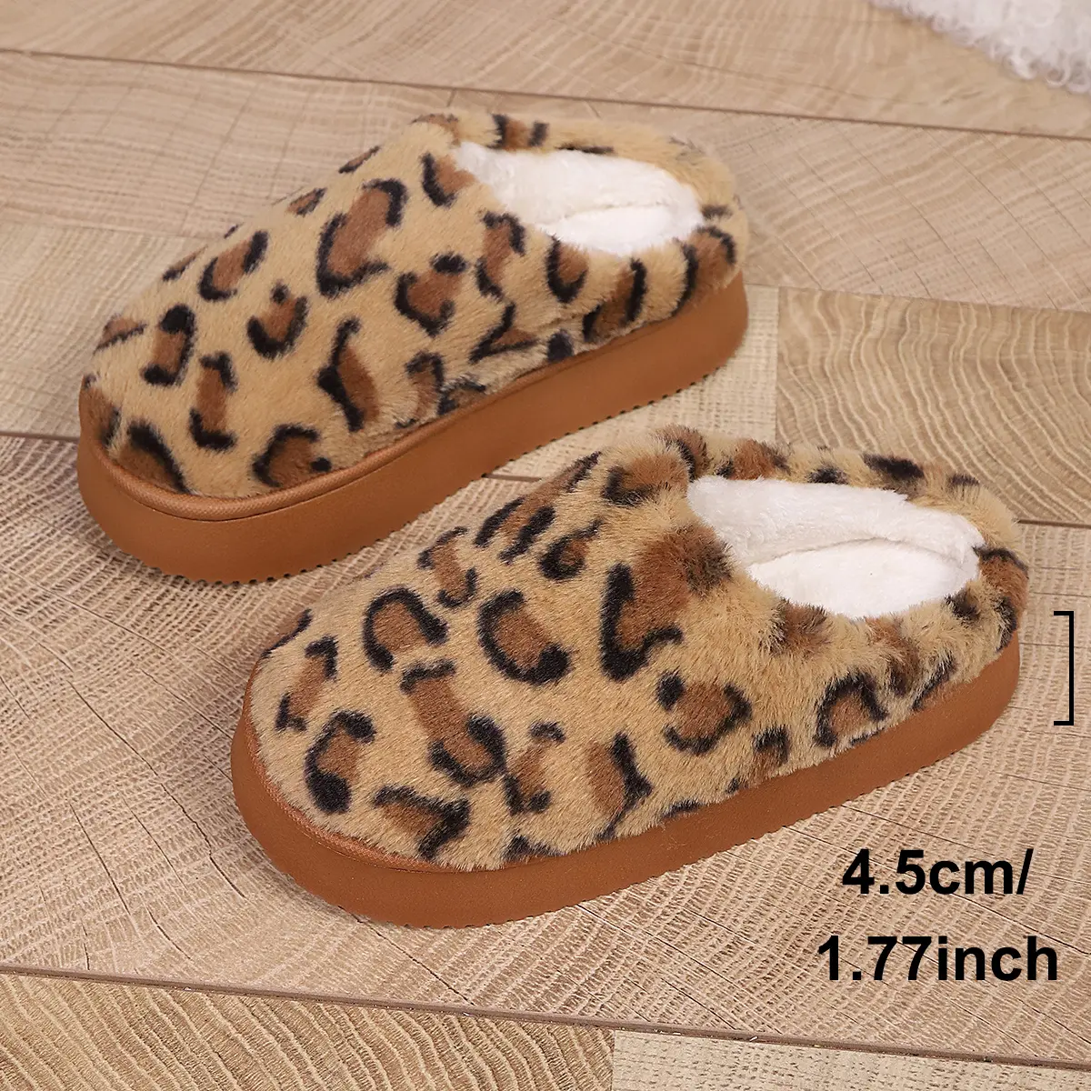 Women's Leopard Print Slippers, Casual 1.77in Platform Slides with a Plush Fuzzy Lining and Anti-Slip Grip for Indoor Outdoor Wear, Footwear, Stylish, Slippers For Women, Polyester