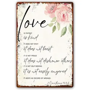 Love Is Patient Love Is Kind, 1 Corinthians 13:4-8 Metal Tin Sign Bible Verses Wall Decor Scripture Wall Art Agape Wedding Decor, Wedding Gift, Bible Quote Decoration Metal Tin Sign 12x8 Inch Room