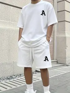 Men's Outdoor Quick-Dry Summer Fashion Short Sleeve T-Shirt + Shorts Set, Retro Letter a Pattern, Street Style Essential, Men's Clothing