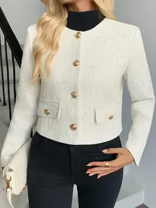 Chic Tweed Style Short Coat, Elegant Fitted Design for Spring & Fall, Versatile Office and Date Night Attire