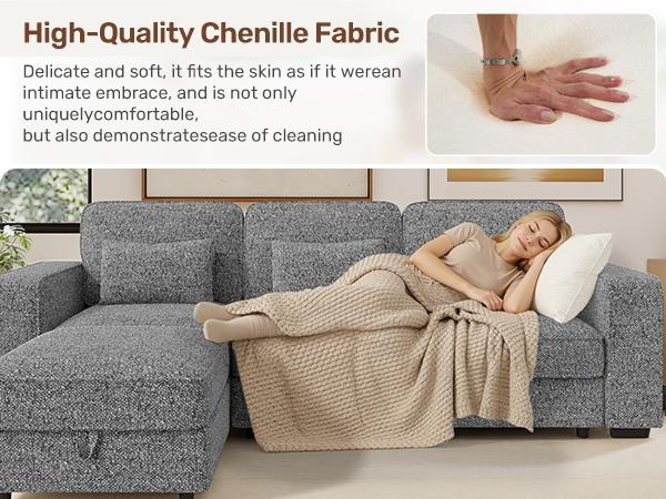 102" Convertible Sectional L-Shaped Sofa Couch with Storable Ottoman,Deep Seat Sofas for Living Room,Bedroom Apartment,with USB Type-C Ports and Pillow (Chenille,Beige)