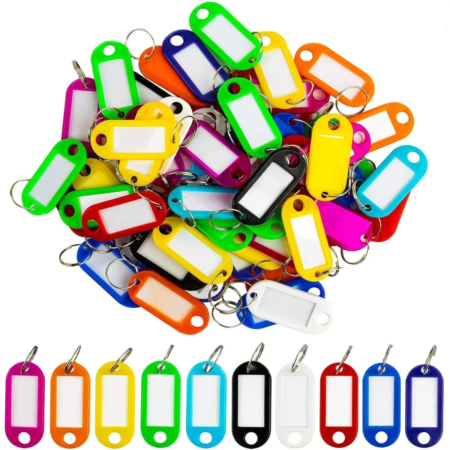 60 Count Key Ring Tags - Key Tags Plastic 10 Assorted Colors, Identifiers, Name & Labels, Adapts to USB Drive & Pets & Bags, Flexible Colored