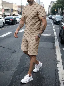 Men's Summer Casual Letter Print Short Sleeve Shorts Set, Loose Fit Two-Piece, Slim-Fitting Regular Length Top and Bottom