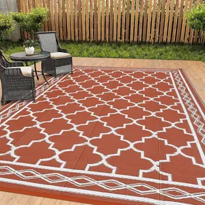 Outdoor Rug 8 x 10 Patio Waterproof, Foldable Reversible Plastic Straw Area Rugs Mat for Camper Decor, Outside Carpet for Rv, Deck, Porch, Picnic, Beach, Balcony (Brick red/White)