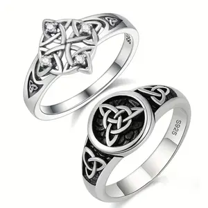 Men S925 Silver Signet Ring Vintage Irish Trinity Celtic Knot Black Oxidized Round Hollow Wide Band Anti Fade Gothic Nordic Wedding Couple Birthday Jewelry Gift