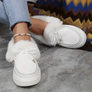 Women's Solid Color Fluffy Loafers, Slip On Bowknot Decor Lined Soft Casual Shoes, Winter Comfy & Warm Slippers