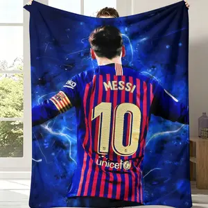 Lionel Messi Barcelona #10 Throw Blanket - Vibrant Blue Lightning Background Messi Jersey Back Print Flannel Blanket, Cozy Soft Blanket Featuring the Iconic Barca Home Kit, Perfect Gift for Soccer Fans