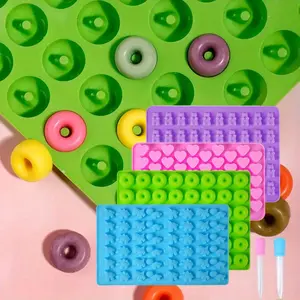 4pcs Gummy Candy Molds Silicone with 2pcs Droppers, Non-Stick Silicone Candy Molds Including Mini Dinosaur Bear Shape Hearts and Mini Donut