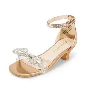 DREAM PAIRS Girls Sandals Ankle Strap Square Toe Low Heel Rhinestone Bow Flower Dress Shoes Party Sparkle Sandals Summer Spring