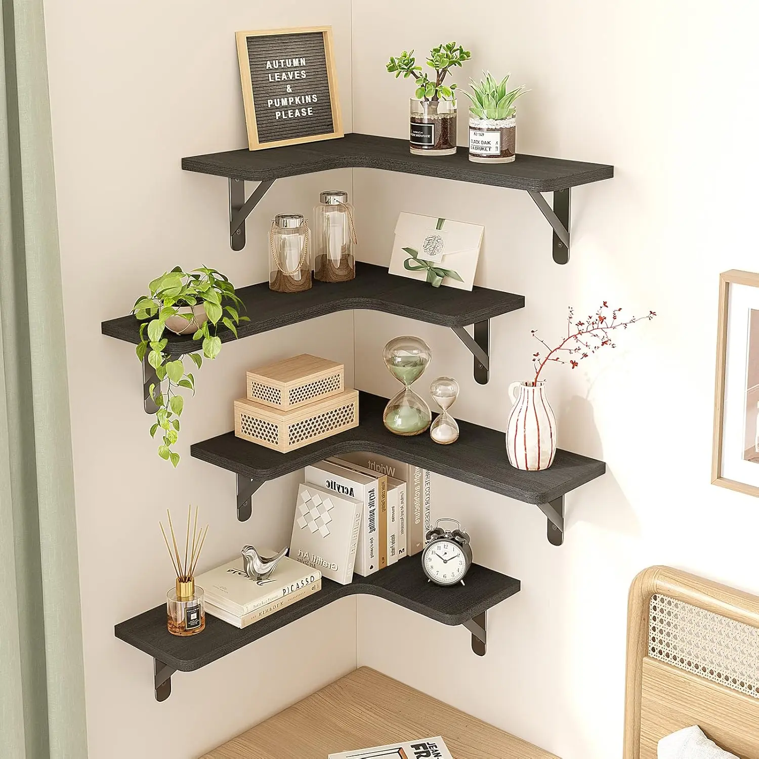Set of 4 Corner Shelves Wall Mounted for Storage, Black Rustic Wood Floating Shelves for Display, Easy Install for Bathroom Kitchen Bedroom Living Room