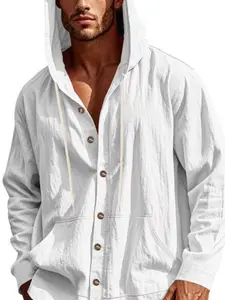 Men's linen simple, breathable and casual long-sleeved shirt Top, breathable, moisture-wicking and sweat-absorbing, with a fashionable button hood design, a must-have item for men's wardrobes