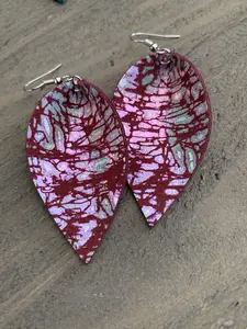 Holographic Maroon Red Leather Earrings