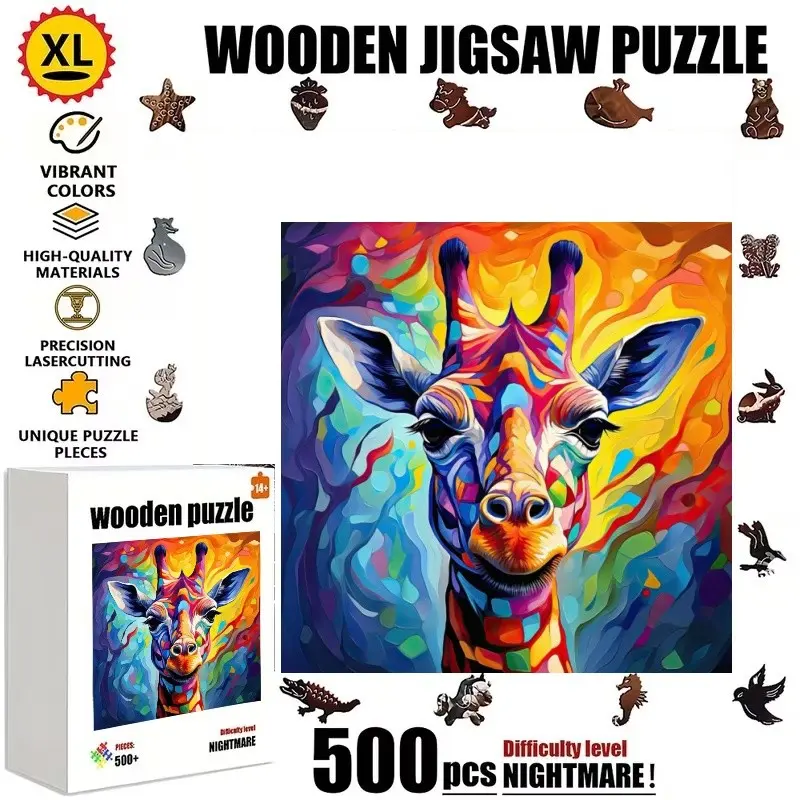 500 Piece Wooden Puzzle, Giraffe Pattern, Unique Irregular Shapes, Durable Wood, Home Entertainment, Relaxing Activity, Perfect Decor