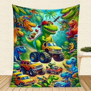 Dinosaur Truck Flannel  Nap  Small Throw  Car  All Season Use Soft Cozy for Travel Office Sofa Bed Gift for Kids letter pattern Blanket Art Color-Fillable, Animal Artwork Blankets, Dinosaur Design Blankets