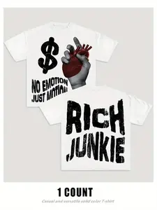 [tiktok shop deals]Men's Cartoon Hand & Rich Junkie Print Round Neck Tee, Loose Casual Fashion Short Sleeve T-shirt for Summer, Men's Top for Daily Wear, Tropical shirts men outfits men christian