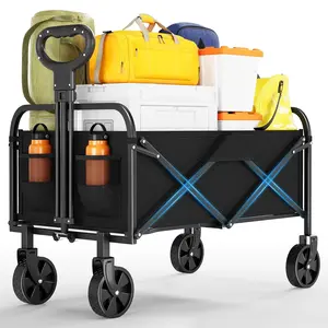 GARVEE Foldable Cart, 220 L, Waterproof Beach Cart with 360° Rotating Wheels, Up to 172 kg, All-Terrain Beach Cart, Ideal for Camping, Picnic, Shopping, Garden (Black) 73 x 46.5 x