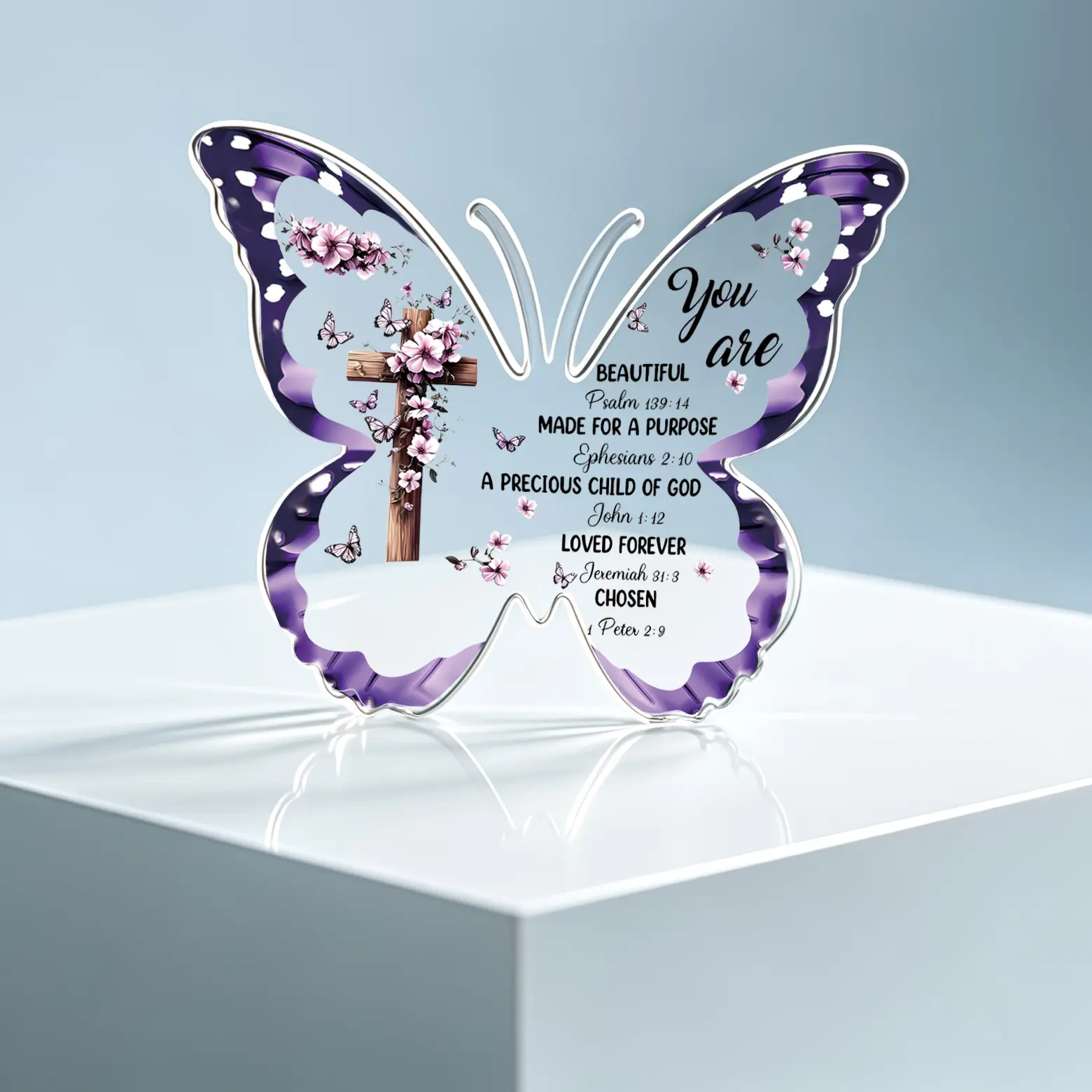 Purple Floral Butterfly Acrylic Plaque, Christian Cross Bible Verse Tabletop Decor, Religious Inspirational Gift for Women, Birthday Christmas Easter Present