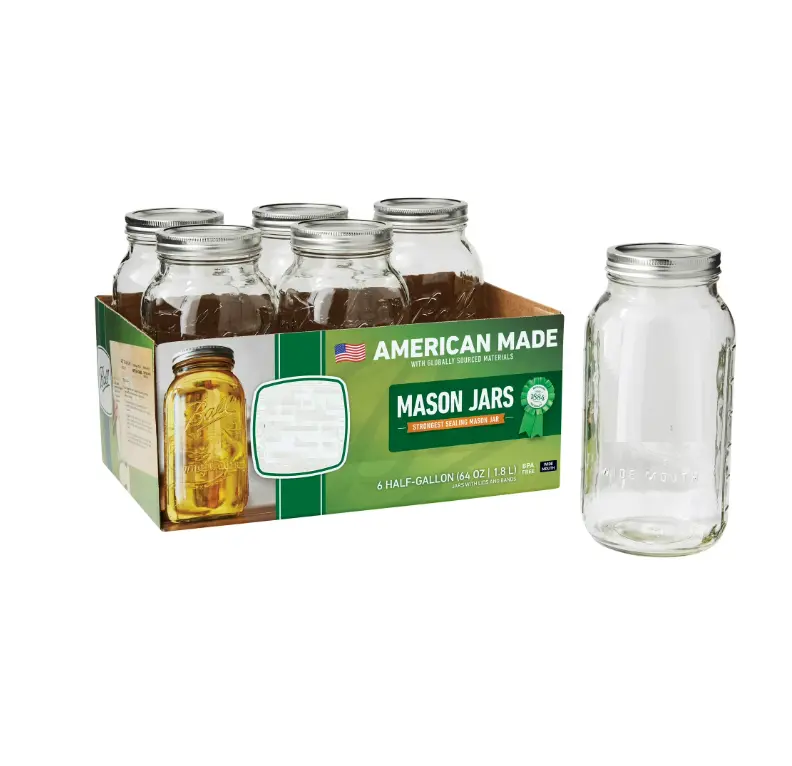 American Made Wide Mouth Half Gallon Mason Jars 6pk 64 oz Canning Jars with Lids & Rings Extra Large Ball Jars for Sun Tea Kombucha Pickles Bulk Food Storage