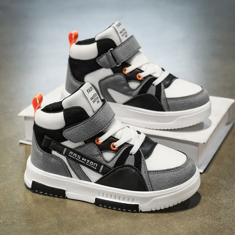 Classic, simple, fashionable kids’ high-top skate shoes with color-block design. Mesh panels with Velcro closure, non-slip casual athletic sneakers featuring a white non-slip sole, flexible cushioning, and anti-roll protection for kids when running and ju