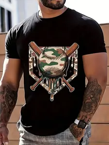 Baseball Camouflage Design T-Shirt |   Men'S Casual Short Sleeve Graphic Tee, Sport Inspired Fashion Top, Summer Wear, Breathable, Sweat-Wicking, Soft, Crew Neck, Regular Fit, All-Season, Vintage Style, Geometric Pattern