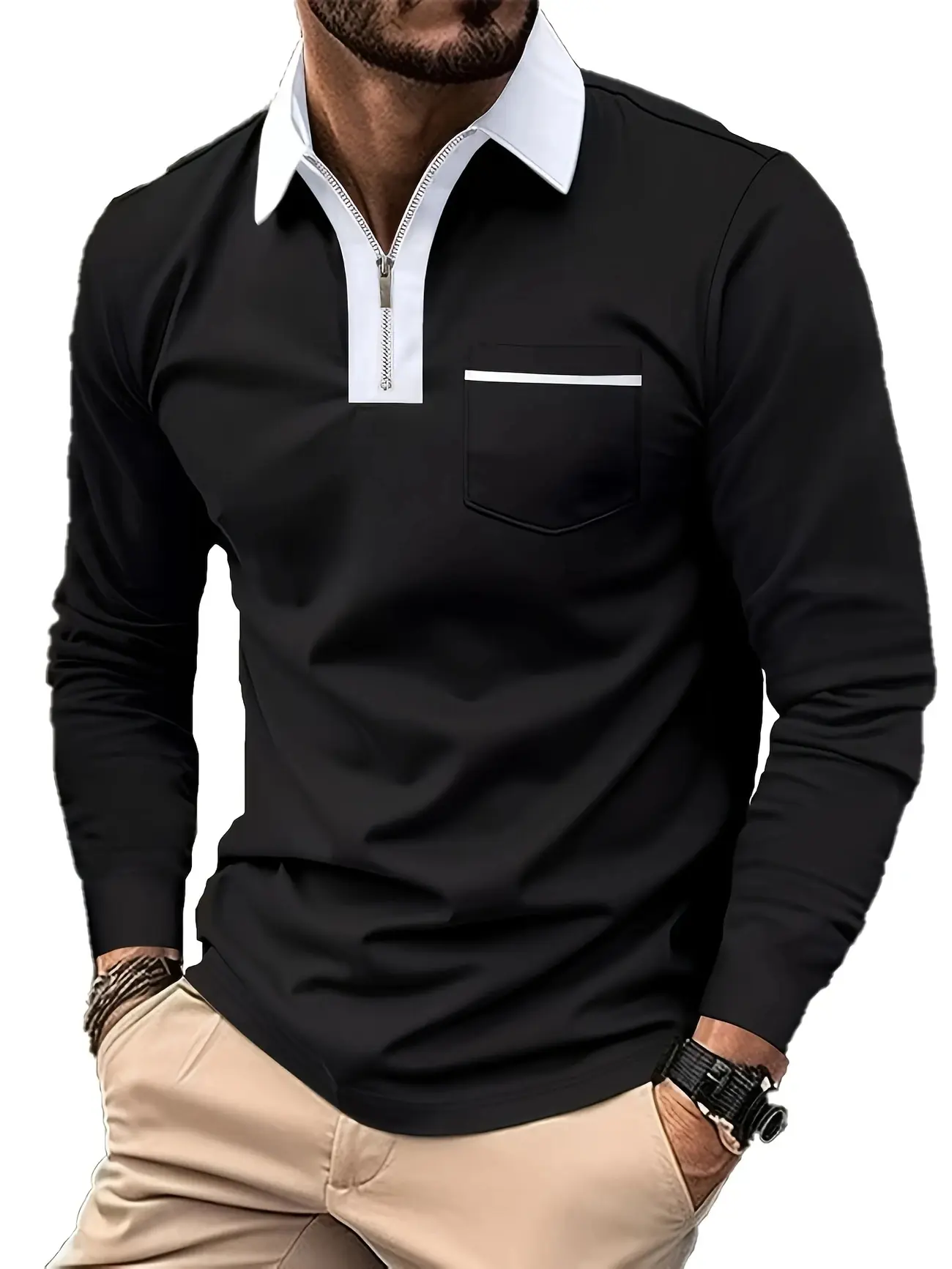 Men's casual long sleeved flip tie pocket polo shirt