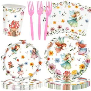 Elf Birthday Party Decorative Tableware Set, 100 Pieces Fairy Garden Plates Napkins Cups, Fairy Theme Baby Shower Supplies for 20 People