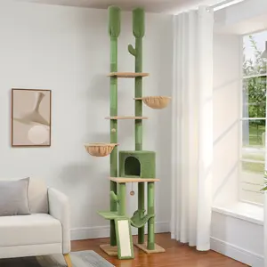 Cactus Cat Tree Floor to Ceiling Cat Tower with Adjustable Height(85-112 Inches), 7 Tiers Climbing Activity Center with Cozy Hammocks, 5 Platforms and Scratching Posts for Indoor Cats