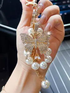 Pearl Beaded Alloy Full Drill Large Butterfly Keychain, Elegant Key Chain Bag Accessory, Durable Korean Style Design