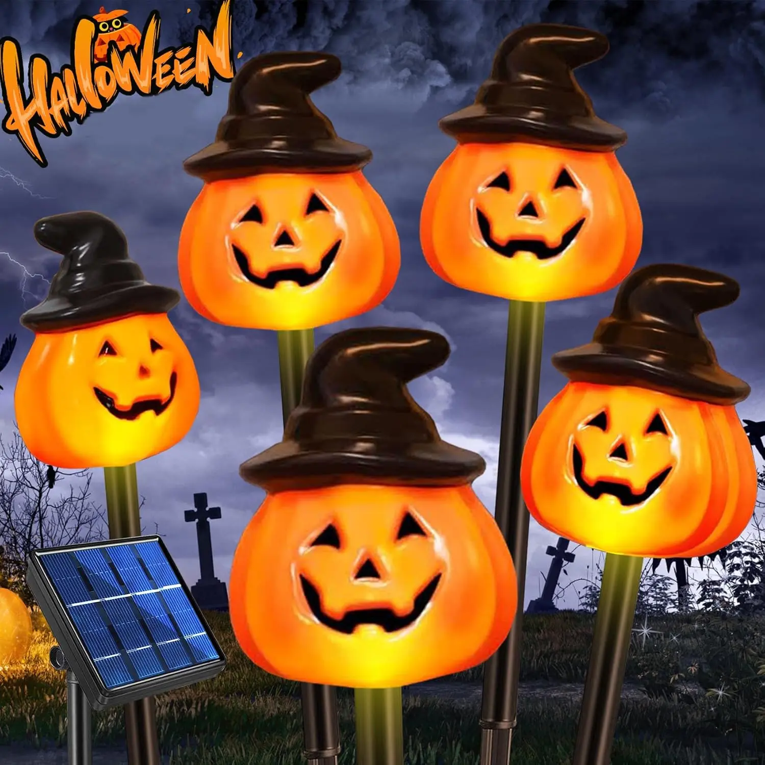 Halloween Pumpkin Pathway Solar Lights, Set of 5 Halloween Pumpkin Post Lights, Outdoor Garden Patio Walkway Decoration, Solar Decorative Lights