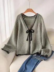 Women's Contrast Trim Knit Cardigan Sweater with Front Tie Loose Fit Long Sleeve V Neck Lightweight Chunky Knitwear Top Casual Black Feminine Autumn Everyday Chic Dress Vintage Womenswear Piece Basic Fitted Minimalist Vneck Knitti