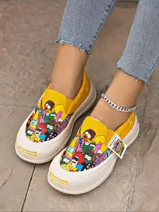 Cute Cartoon Graffiti Casual Shoes, Available in 3 Colors, Sizes 35-42, Slip-On Design, Comfortable Women's Footwear for Travel & Daily Wear