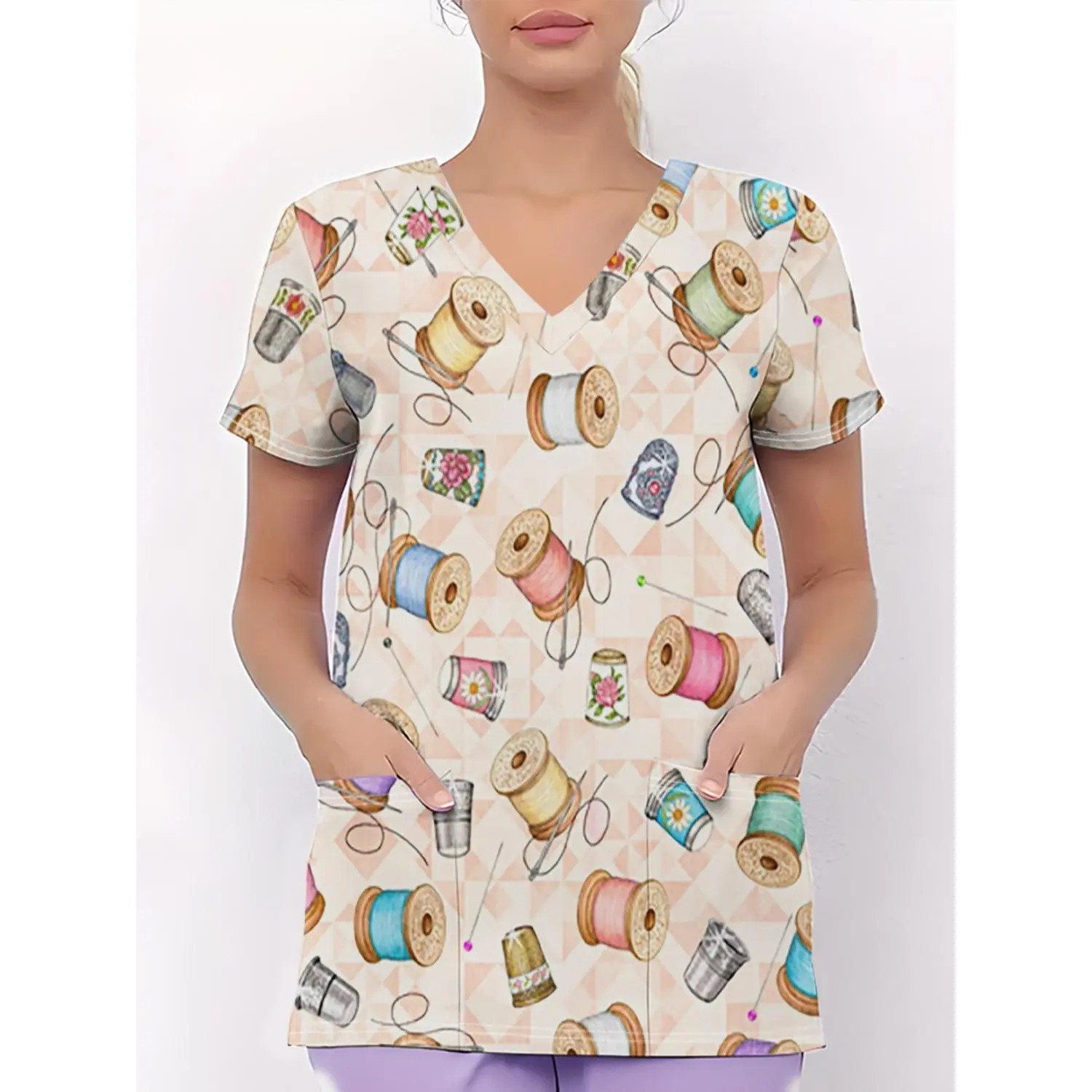 Women's Plus Size V-Neck Short Sleeve Caregiver Uniform with Pockets, Breathable Casual Elegance, All-Season Comfort