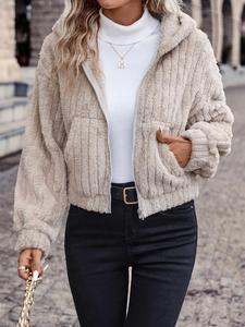 women's solid color pocket zip up fuzzy hooded jacket, casual drop shoulder long sleeve outerwear for fall & winter, ladies clothes for daily wear, fur coats