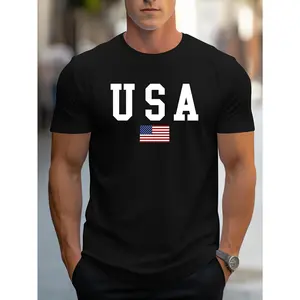 Comfortable USA Print Short Sleeve Crew Neck T-shirt - 100% Cotton Athletic Style Casual Sportswear for Men