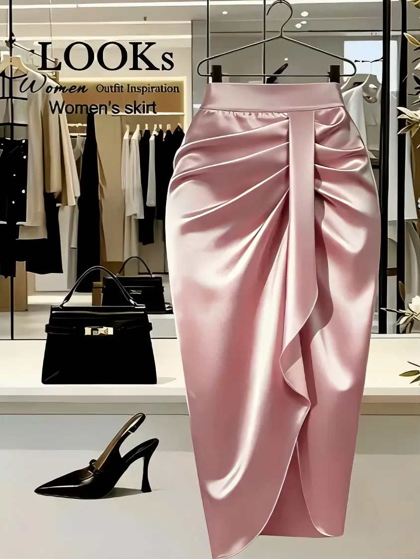 Women's satin pleated pencil skirt, high-waisted wrap-around front slit mid-length skirt, elegant and slimming skirt, suitable for office parties
