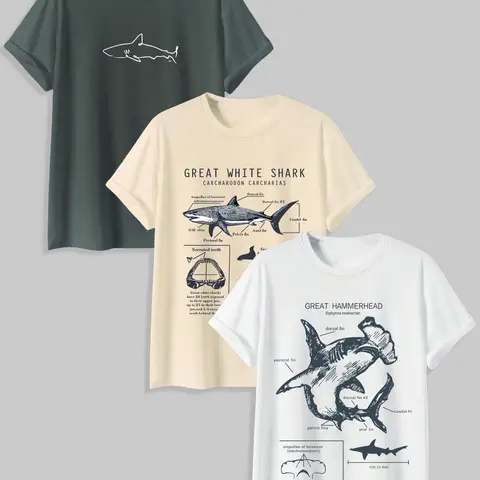 Men's Shark & Letter Print Round Neck Tee, Regular Fit Casual Comfy Streetwear Short Sleeve Crew Neck T-shirt for Summer, Menswear, Men's Top for Daily Wear, Crewneck, Casual Street Style