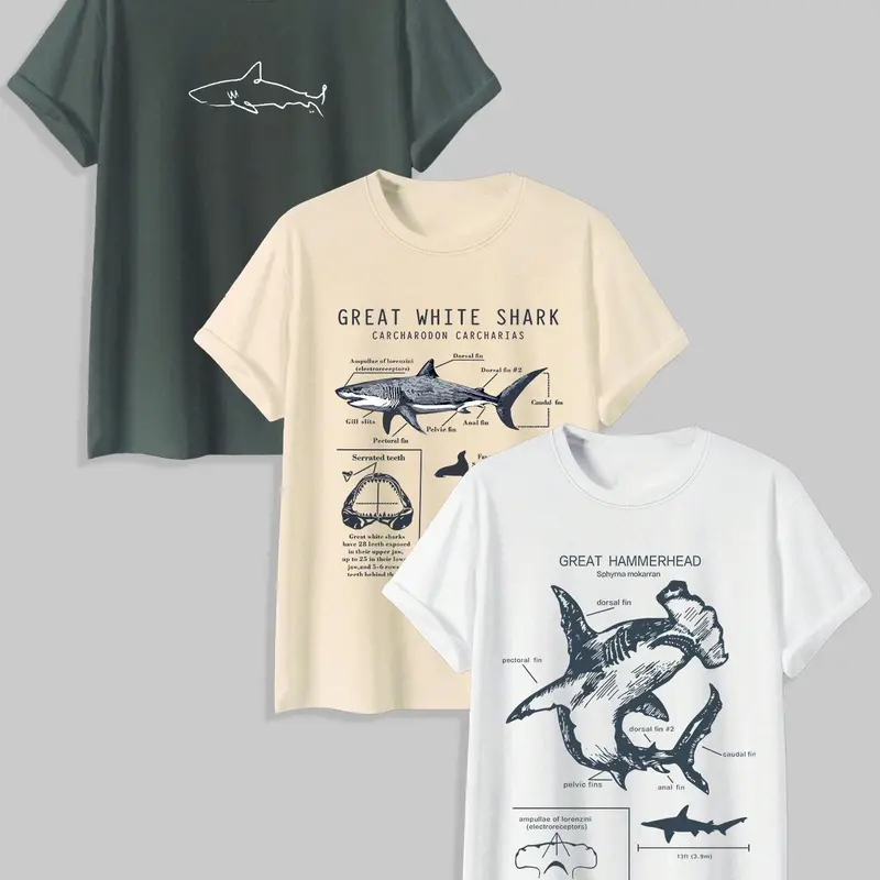 Men's Shark & Letter Print Round Neck Tee, Regular Fit Casual Comfy Streetwear Short Sleeve Crew Neck T-shirt for Summer, Menswear, Men's Top for Daily Wear, Crewneck, Casual Street Style