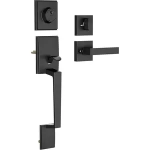 Black Front Door Handle and Deadbolt Set, Front Door Lock Set, Exterior Door Lock Set with Single Cylinder Deadbolt, Reversible for Right & Left outdoorfun