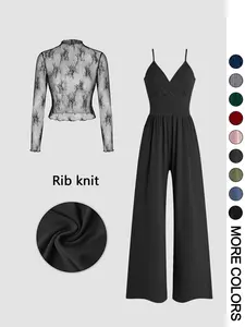 Valentine's Day Women's Solid Color Lace Tee & Pocket Jumpsuit Two-piece Set, Elegant Fashion Casual Zipper Back Cami Jumpsuit & Long Sleeve Top for Daily Outdoor Wear, Women's Clothing for Spring & Fall