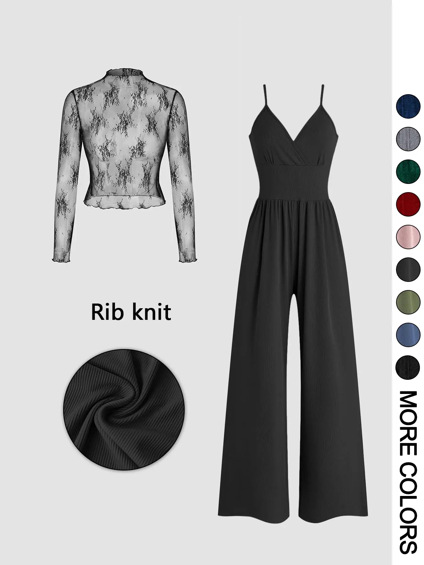 Women's Solid Color Lace Tee & Pocket Jumpsuit Two-piece Set, Elegant Fashion Casual Zipper Back Cami Jumpsuit & Long Sleeve Top for Daily Outdoor Wea