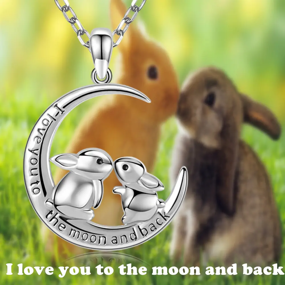 Women's 1Pc Cute Crescent Double Rabbit Pendant Dainty Necklace, Couple Animal Cartoon Jewelry, Gift for Wife, Mother, Dainty Necklaces