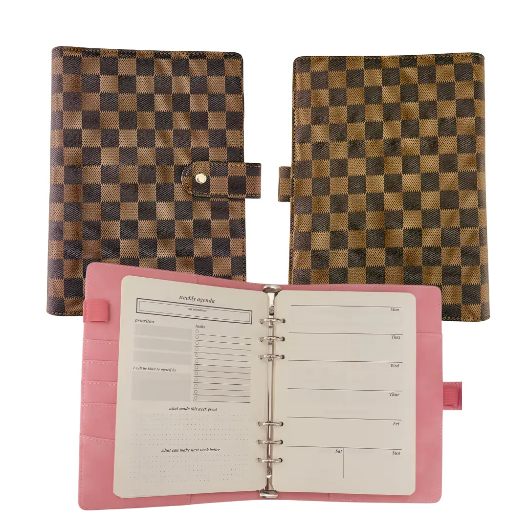 A5 Brown Checkered Planner for Mental Wellness 6-Ring [Daily, Weekly, Monthly] with Goal Setting, Mood Tracker, CBT Exercises