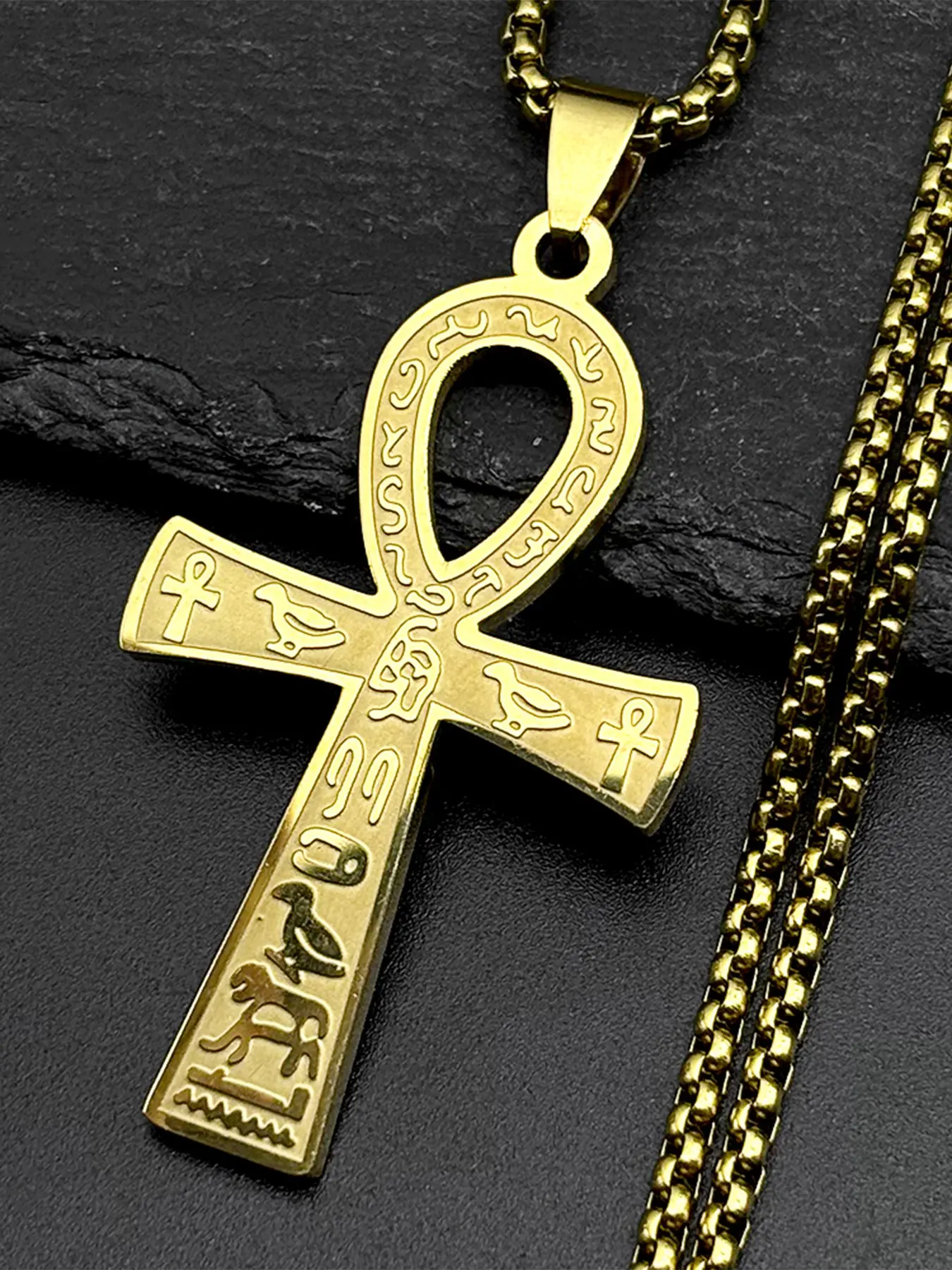 Egyptian Ankh Cross Key Of Life Pendant Cross Chain Design Necklaces for Women Men Stainless Steel Gold Color Egypt Hieroglyph Chain Gift