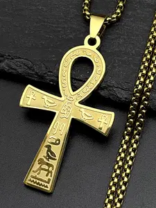 Egyptian Ankh Cross Key Of Life Pendant Cross Chain Design Necklaces for Women Men Stainless Steel Gold Color Egypt Hieroglyph Chain Gift