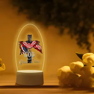 Acrylic Night Light with Wooden Cross and Star Stripes, Warm Soft Light, Stable Base, Desktop Decoration, Faith and Patriotism