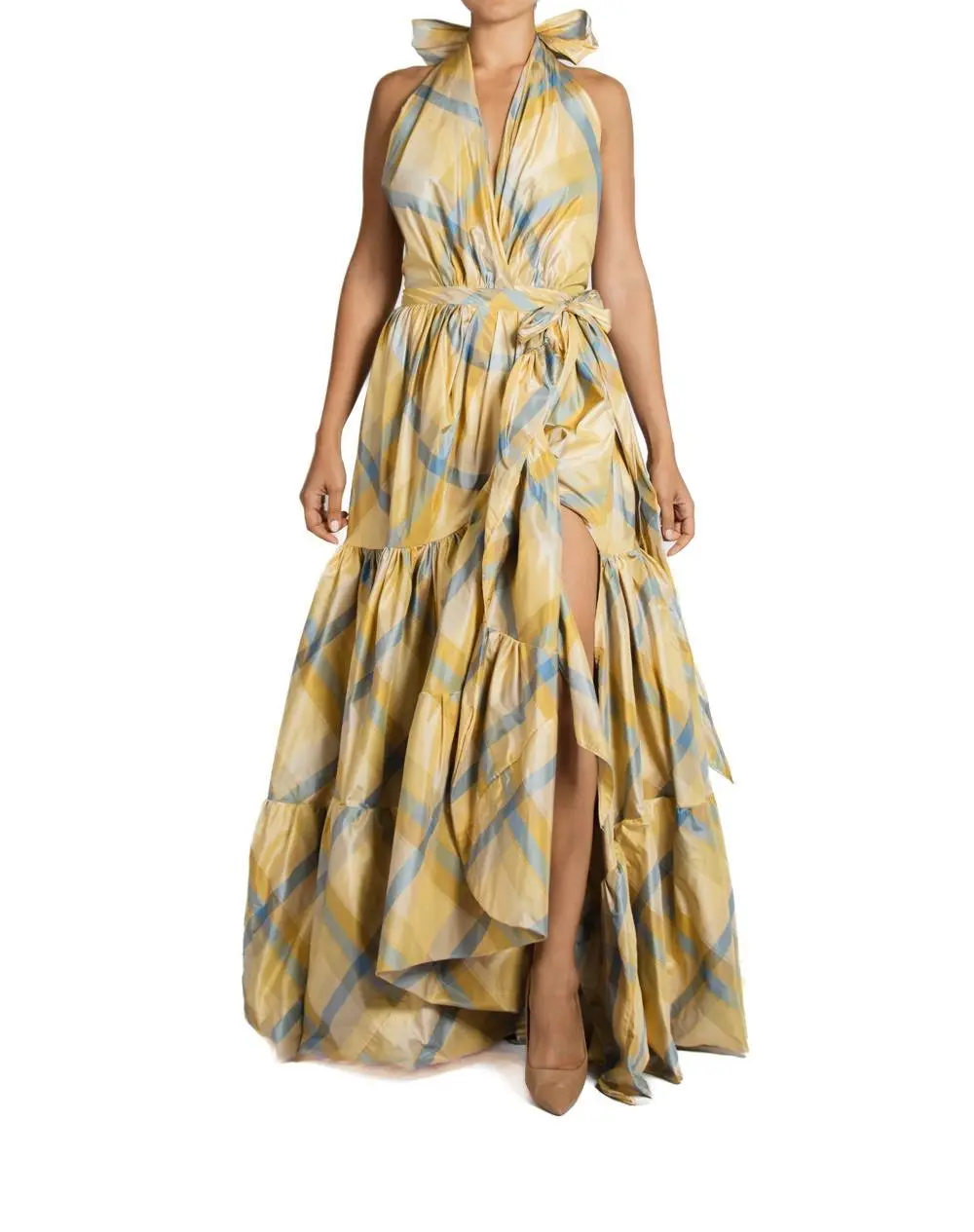 Morphew Collection Yellow & Blue Silk Taffeta Plaid Gown