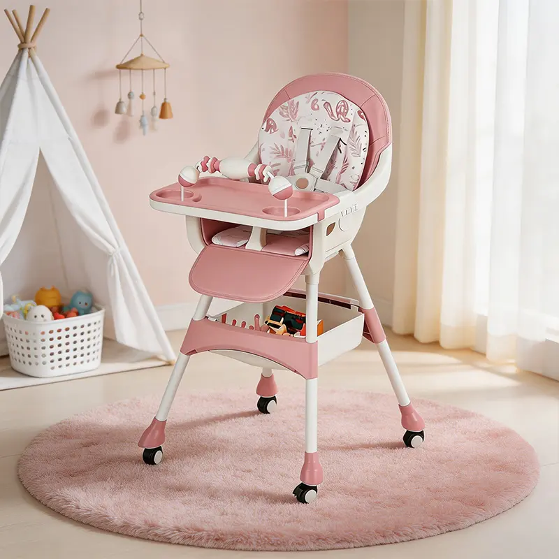 Portable Baby High Chair, Multi-Use Toddler Feeding Chair With Lockable Wheels, Toy Storage Basket & Removable Washable Cushion, Stable Dining Chair For Infant Daily Feeding -Pink