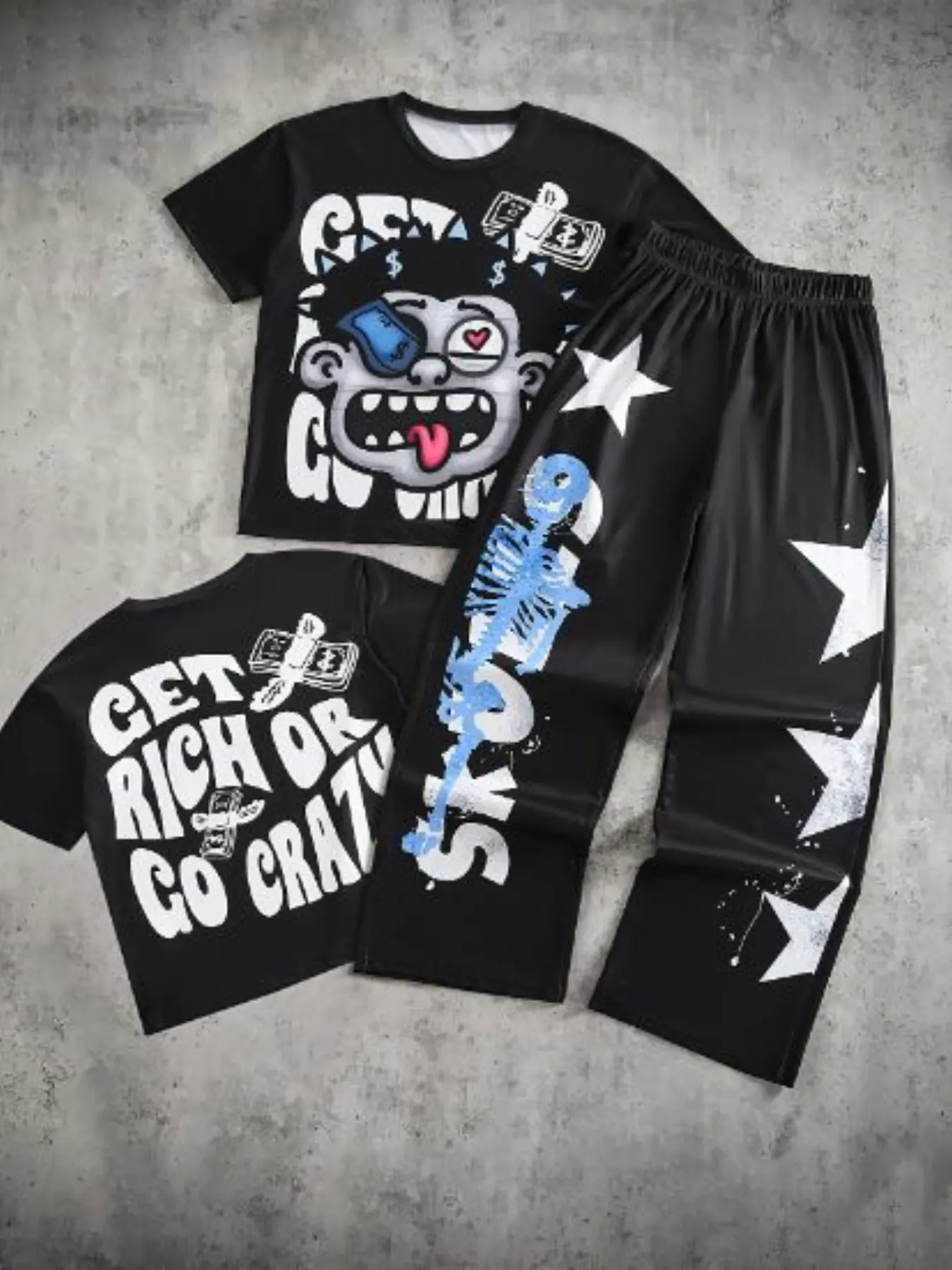 Men's 2-Piece Set: Fashion Hip-Hop Demon Number Print Round Neck T-Shirt with Star Pattern Pants, Summer, Perfect for Outdoor Wear