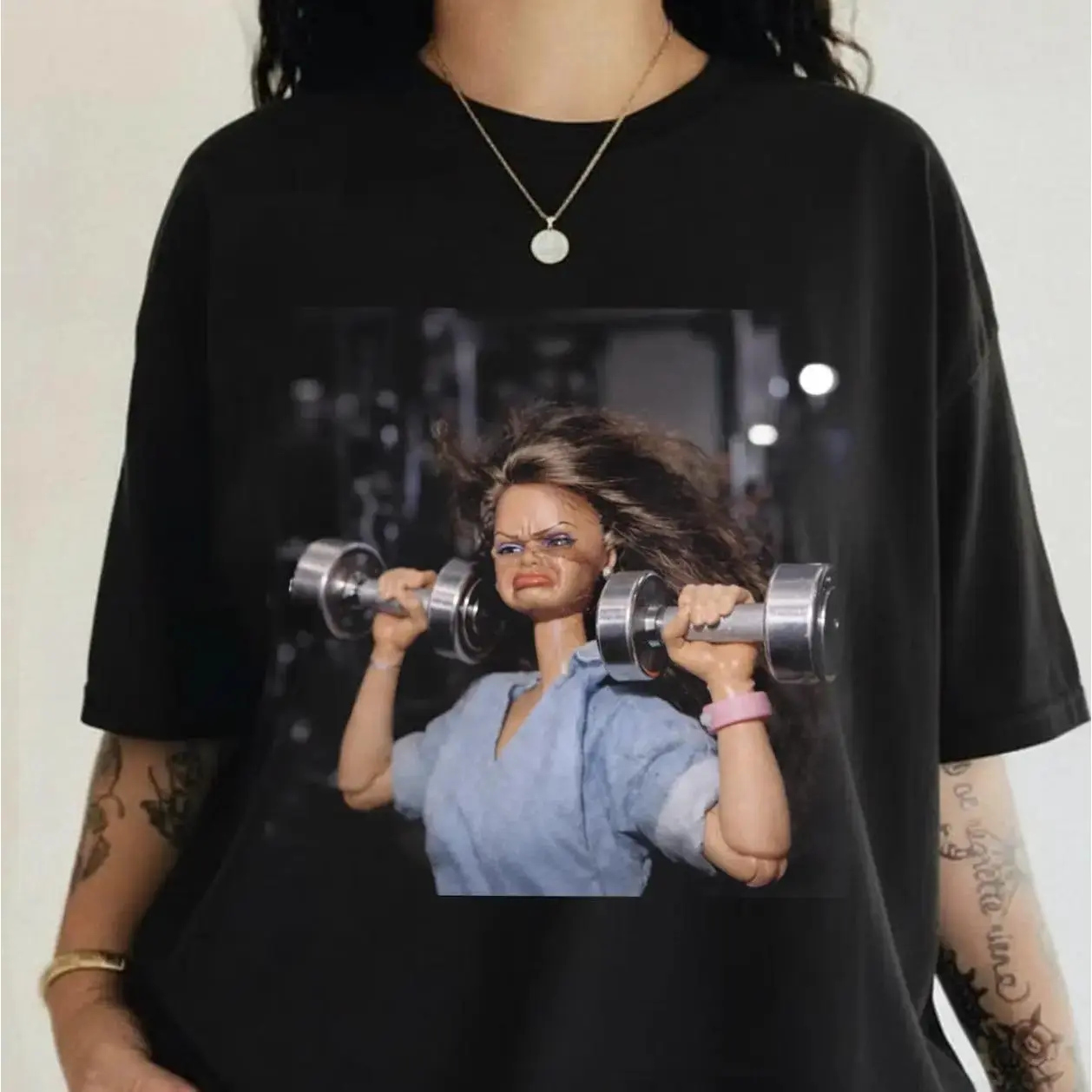 Unisex Fitted Round Neck Short Sleeve Sports Top - Gym Aesthetic Breathable Tee, Gym Doll Print, Retro Sassy Fitness Meme, Christian Scripture Skull Indie Viral TikTok Graphic, All Seasons Normal Type Machine Washable Athletic Apparel
