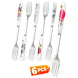 6 PCS Dinner Forks Stainless Steel Fork Set With Floral Design Ceramic Handle 8.3" Utensils for Table Serving Dishwasher Safe Kitchen Gift Set for Daily Use and Special Occasions